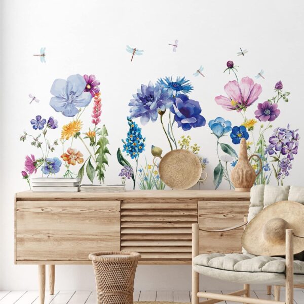 6 Pcs Flowers Wall Decals Stickers Vinyl Removable Peel and Stick Colorful Dragonflies Floral Wall Murals Decor for Bedroom Living Room Nursery(Beautiful) 4