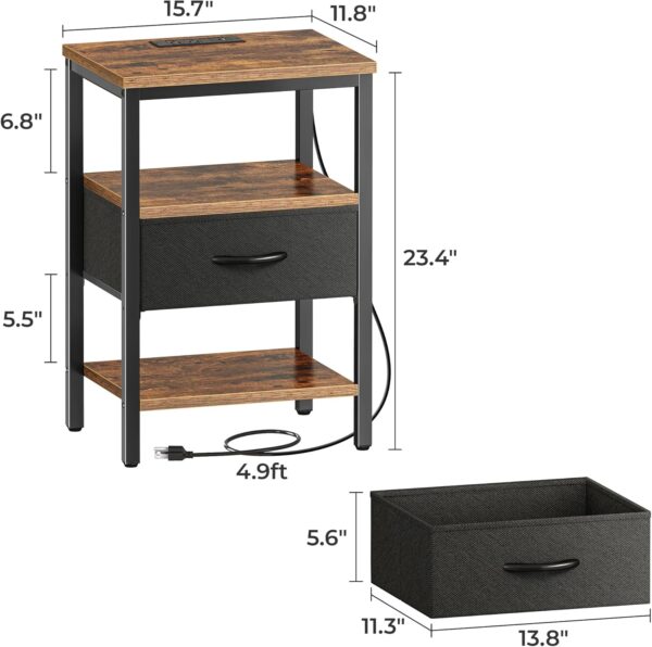 Nightstand with Charging Station, Bed Side Table with Adjustable Fabric Drawer, Night Stand for Bedroom, 3-Tier Storage End Table, for Living Room, Rustic Brown and Black 3