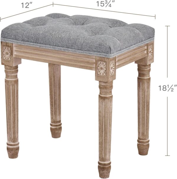French Vintage Foot Stool with Rustic Wood Legs and Padded Seat, 18.5" High Memory Foam Upholstered Vanity Stool and Entryway Bench,Tufted Fabric Ottoman Stool for Bedroom Living Room, Gray 4