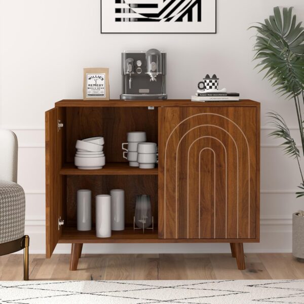 Accent Cabinet with Carving Lines, Modern Buffet Sideboard with Adjustable Shelves, Decorative Storage Cabinets for Bedroom Living Room Kitchen Office and Hallway (Walnut, 1) 4