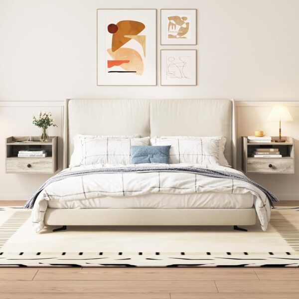 Floating Nightstand Set of 2 Modern Night Stands with Drawer and Open Shelf Cubby Small Bedside End Table with Charging Station Wall Mounted Nightstands Set 2 for Bedroom Grey 2