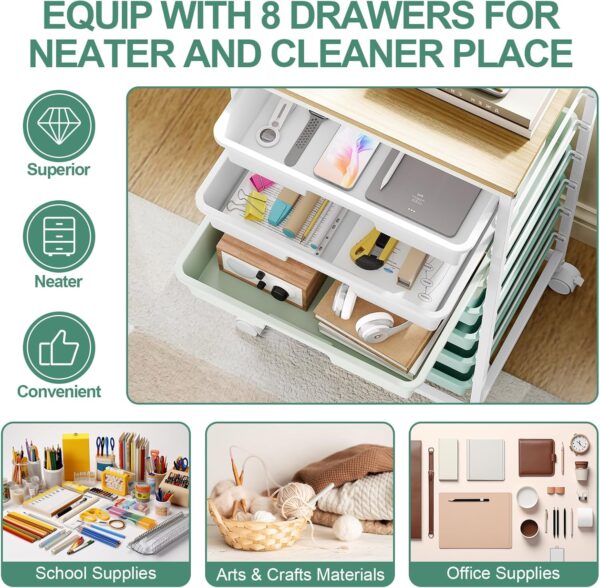 Storage Cart with 8 Drawers, Utility Cart with White Drawers and Wooden Tabletop, Craft Cart, Teacher Organization for Classroom, Storage Furniture, Office Organization, Green 2