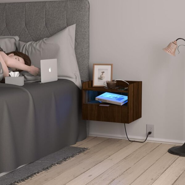 Floating Nightstand with Charging Station and LED Lights (Walnut Brown) 2