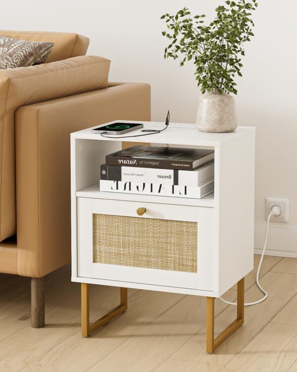 Nightstand with Charging Station,Modern Boho Farmhouse Wood Bedside Table with Storage Drawer and Open Shelf,Small Gold Frame Side End Table for Bedroom,Living Room,Office White 4