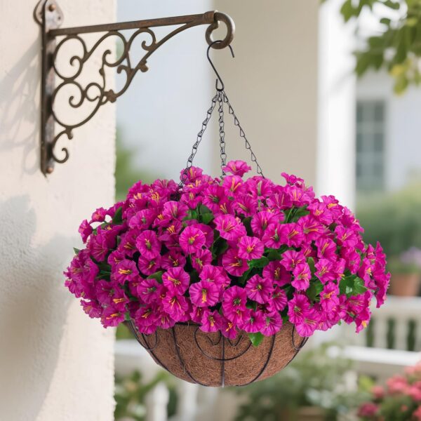 Artificial Hanging Flower Plants with Basket for Spring Summer Outdoor Decoration, Faux Petunias Flowers Fake Morning Glory Planter for Outside Patio Garden Porch Balcony Yard Decor(Fuchsia) 5