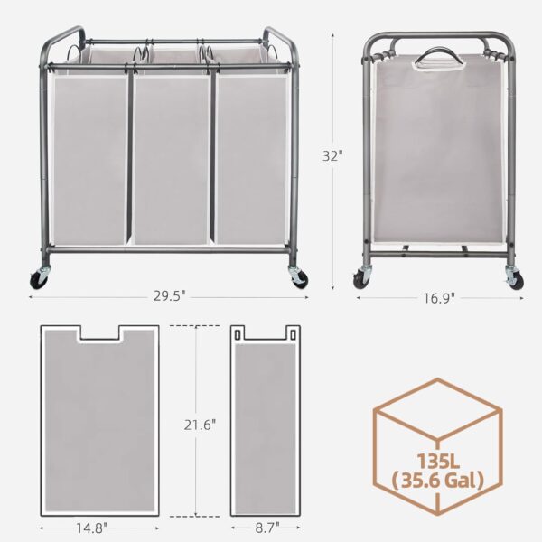 3 Section Laundry Sorter, 35.9 Gal (136 L) Laundry Hamper Cart with Heavy Duty Rolling Lockable Wheels and Removable Bags, Clothes Organizer Basket Clothes Separator Hamper, Gray 4
