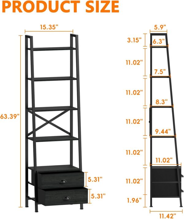 5-Tier Ladder Shelf with 2 Drawers,Narrow Bookshelf Storage Shelves,Industrial Bookcase Freestanding Rack Units for Bedroom,Living Room,Bathroom,Home Office,Balcony,Wood Metal, Black Oak 4
