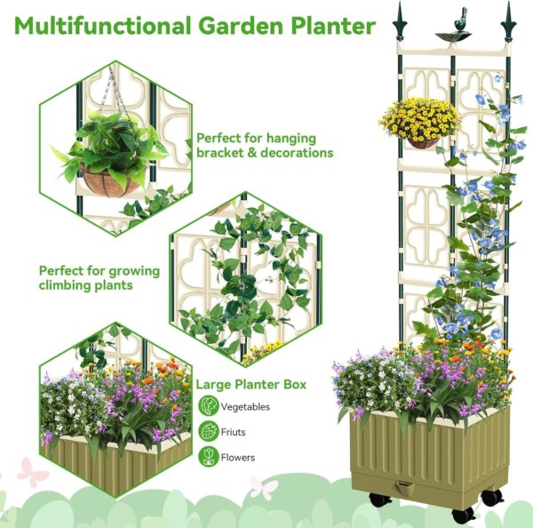 5.1Ft Tall Planter Box with Trellis,Self-Watering Tomato Planter Raised Garden Bed with Lockable Wheels & Drainage Hole for Outdoor Plants Tomato Flower Vegetable Herb Vine 3