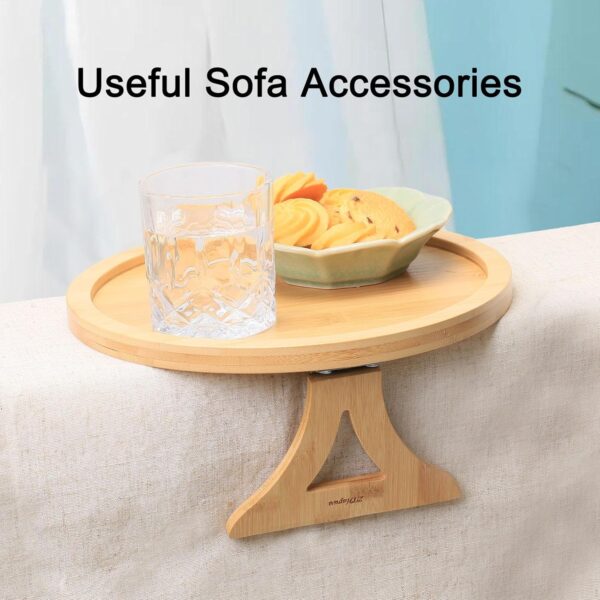Bamboo Couch Arm Tray, Round Sofa Arm Tray Table Clip on Side Table for Wide Couch, Foldable Sofa Armrest Trays for Drink/Cups/Phone/Snacks/Remote 4