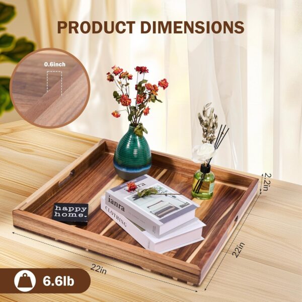 Acacia Wooden Ottoman Tray for Living Room, 22'' Large Ottoman Tray, Serving Tray for Ottoman with Handles, Decorative for Coffee Table Kitchen Counter 3