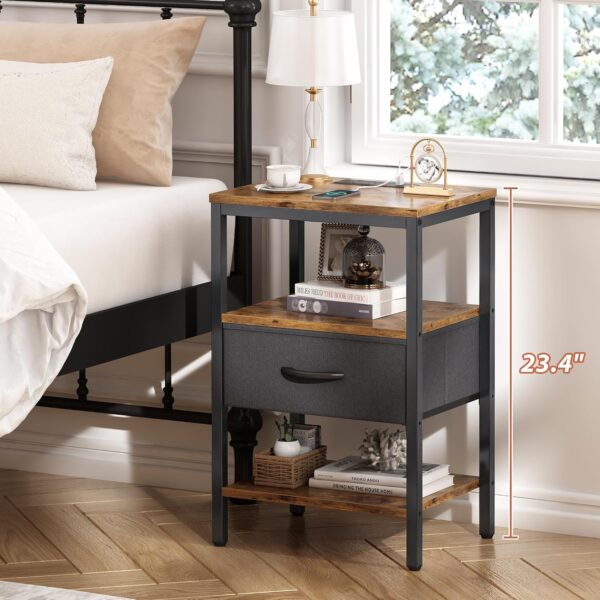 Nightstand with Charging Station, Bed Side Table with Adjustable Fabric Drawer, Night Stand for Bedroom, 3-Tier Storage End Table, for Living Room, Rustic Brown and Black 4