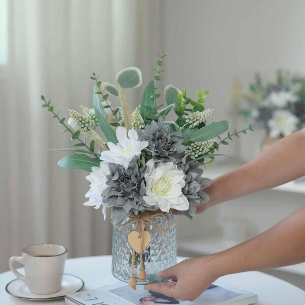 Faux Flowers with Vase,Artificial Silk Flowers in Vase, Fake Plant Eucalyptus and Willow,Flower Arrangement for Home Farmhouse kitchen Dining Table Centerpiece Decorations Table Decor (Grey Blue) 4
