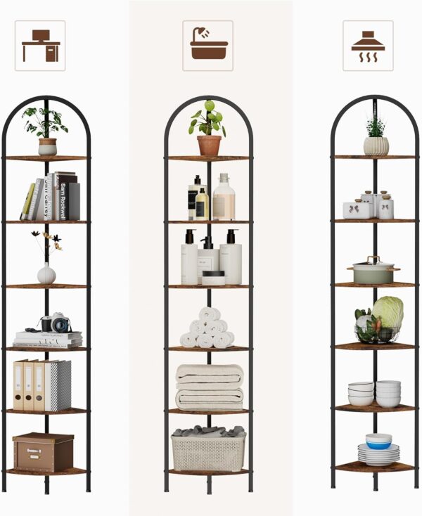 6-Tier Arched Corner Shelf Stand, Wall Corner Bookshelf with Metal Frame, Plant Stand, Industrial Storage Rack Shelf for Living Room, Bedroom, Office, Bathroom, Rustic Brown and Black 3