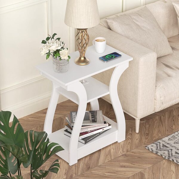 End Tables Living Room, White End Table with Charging Station,White Side Table, Nightstand for Bedroom, 3 Tier End Table with Storage Shelf for Living Room 3