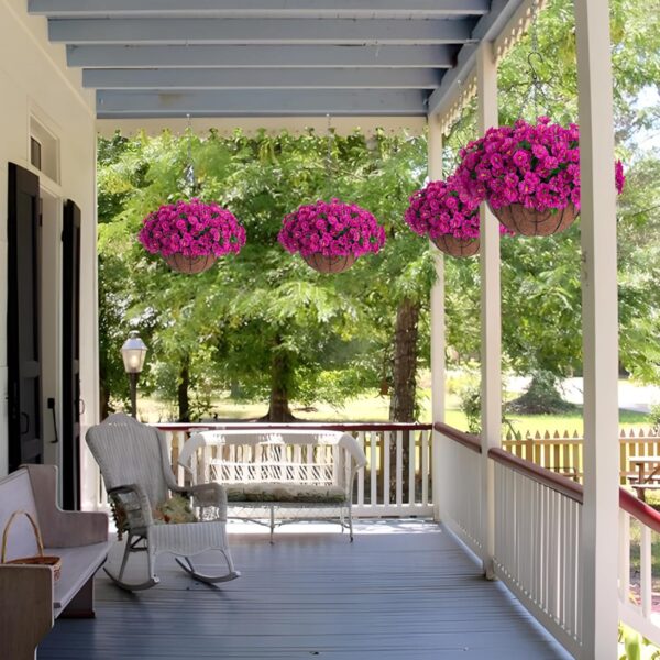 Artificial Hanging Flower Plants with Basket for Spring Summer Outdoor Decoration, Faux Petunias Flowers Fake Morning Glory Planter for Outside Patio Garden Porch Balcony Yard Decor(Fuchsia) 4