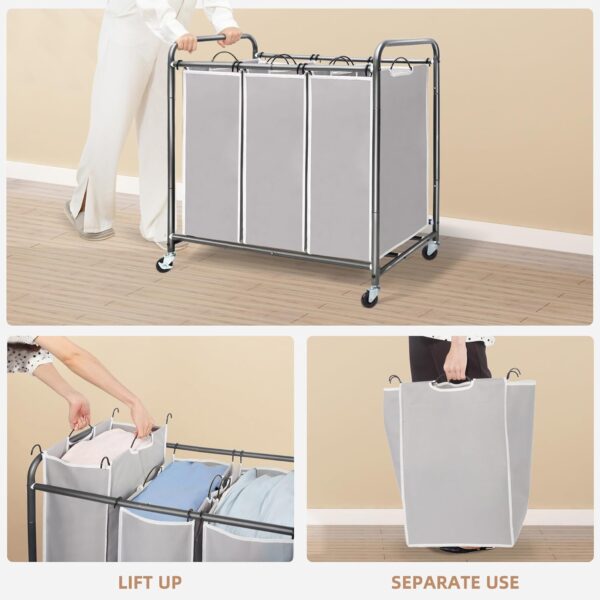 3 Section Laundry Sorter, 35.9 Gal (136 L) Laundry Hamper Cart with Heavy Duty Rolling Lockable Wheels and Removable Bags, Clothes Organizer Basket Clothes Separator Hamper, Gray 3