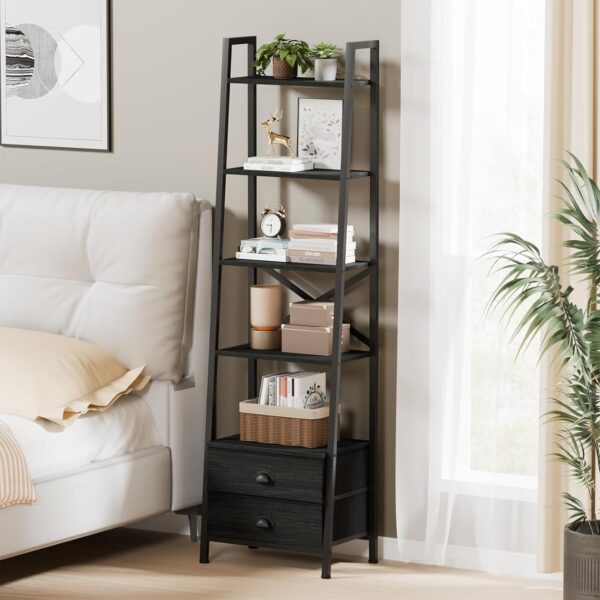 5-Tier Ladder Shelf with 2 Drawers,Narrow Bookshelf Storage Shelves,Industrial Bookcase Freestanding Rack Units for Bedroom,Living Room,Bathroom,Home Office,Balcony,Wood Metal, Black Oak 3