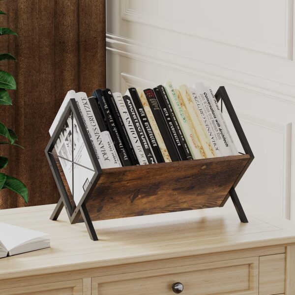 Vinyl Record Holder, 80-100 LP Vinyl Record Storage Rack, Quick Assembly Vinyl Record Display, Retro Style Organizer for Magazine, Book, Files, Albums (Rustic Brown, 1 Tier) 4