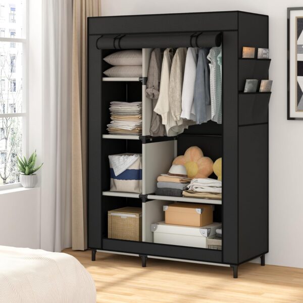 Portable Closet Organizers, Clothing Storage, Wardrobe with 6 Shelves and Hanging Rod, Non-Woven Fabric Cover with 4 Side Pockets, Black 4