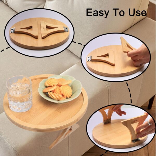 Bamboo Couch Arm Tray, Round Sofa Arm Tray Table Clip on Side Table for Wide Couch, Foldable Sofa Armrest Trays for Drink/Cups/Phone/Snacks/Remote 3