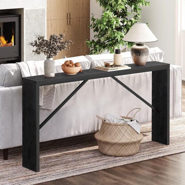 Console Table, 62.2" Long Sofa Table Behind Couch, Narrow Entryway Table, Farmhouse Dining Table with Angled Metal Frame, Industrial Console Table for Entryway, Black 4