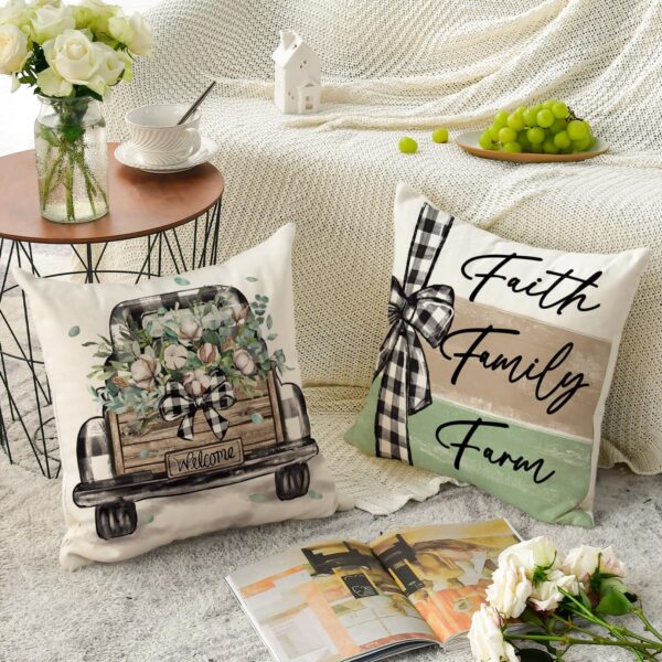 colorlife Home Sweet Home Farmhouse Eucalyptus Leaves Throw Pillow Covers, 18 x 18 Inch Truck Stripes Buffalo Plaid Cushion Case Decorations Set of 4 4