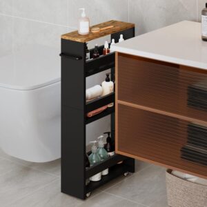 Rolling Storage Cart 4-Tier Black Kitchen Cart with Wheels, Slim Storage Cart with Handle Slide Out Utility Cart Shelving Unit Organizer Trolley for Laundry Narrow Places Bathroom Small Corner