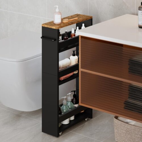 Rolling Storage Cart 4-Tier Black Kitchen Cart with Wheels, Slim Storage Cart with Handle Slide Out Utility Cart Shelving Unit Organizer Trolley for Laundry Narrow Places Bathroom Small Corner