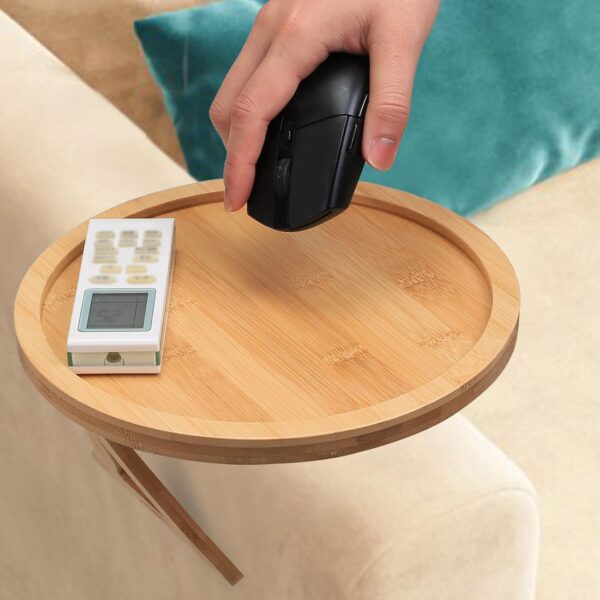 Bamboo Couch Arm Tray, Round Sofa Arm Tray Table Clip on Side Table for Wide Couch, Foldable Sofa Armrest Trays for Drink/Cups/Phone/Snacks/Remote 2