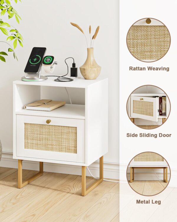 Nightstand with Charging Station,Modern Boho Farmhouse Wood Bedside Table with Storage Drawer and Open Shelf,Small Gold Frame Side End Table for Bedroom,Living Room,Office White 2