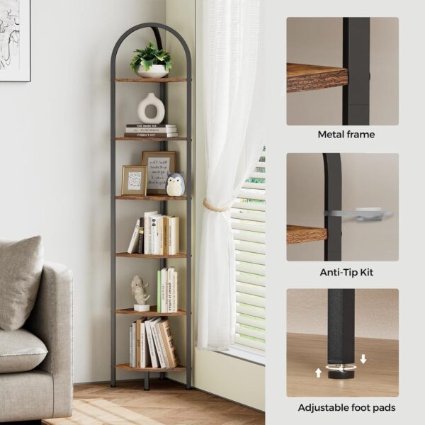 6-Tier Arched Corner Shelf Stand, Wall Corner Bookshelf with Metal Frame, Plant Stand, Industrial Storage Rack Shelf for Living Room, Bedroom, Office, Bathroom, Rustic Brown and Black 2