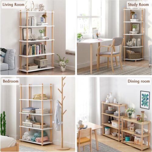 5 3-Tier Wooden Shelf Bookcase - Modern Open Bookshelf, Free Standing Storage Rack, Multifunctional Display Stand for Home and Office, Oak, Rectangle