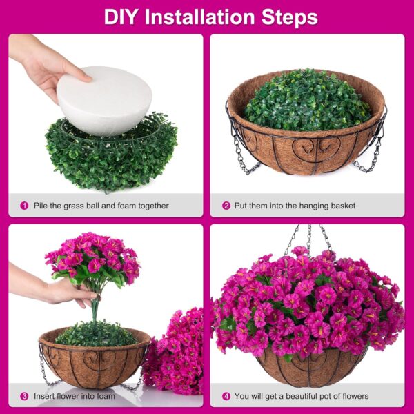 Artificial Hanging Flower Plants with Basket for Spring Summer Outdoor Decoration, Faux Petunias Flowers Fake Morning Glory Planter for Outside Patio Garden Porch Balcony Yard Decor(Fuchsia) 3