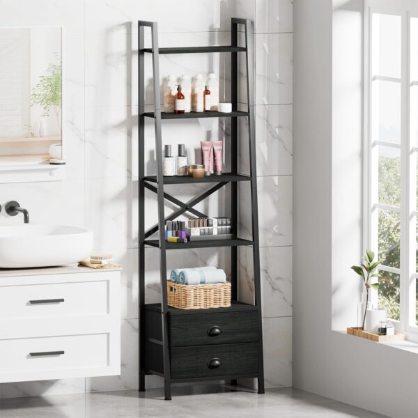 5-Tier Ladder Shelf with 2 Drawers,Narrow Bookshelf Storage Shelves,Industrial Bookcase Freestanding Rack Units for Bedroom,Living Room,Bathroom,Home Office,Balcony,Wood Metal, Black Oak 2