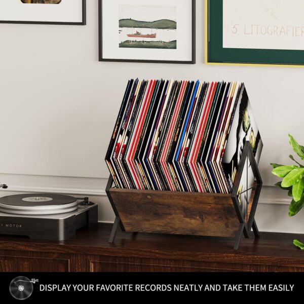 Vinyl Record Holder, 80-100 LP Vinyl Record Storage Rack, Quick Assembly Vinyl Record Display, Retro Style Organizer for Magazine, Book, Files, Albums (Rustic Brown, 1 Tier) 5