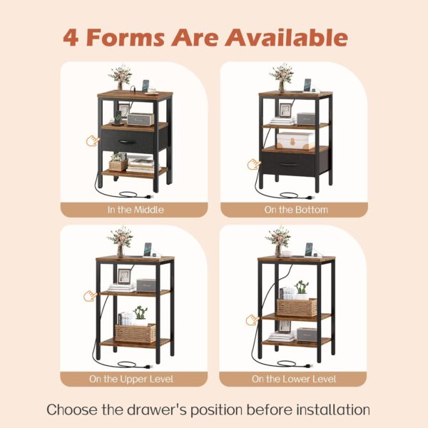 Nightstand with Charging Station, Bed Side Table with Adjustable Fabric Drawer, Night Stand for Bedroom, 3-Tier Storage End Table, for Living Room, Rustic Brown and Black 5