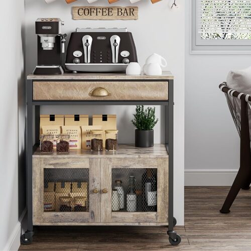 Coffee Bar Cabinet，3 Tiers Kitchen Coffee Cart with Drawer for The Home, Movable Farmhouse Ktichen Station Table on Wheels for Living Room, Entryway, Dining Room, Kitchen