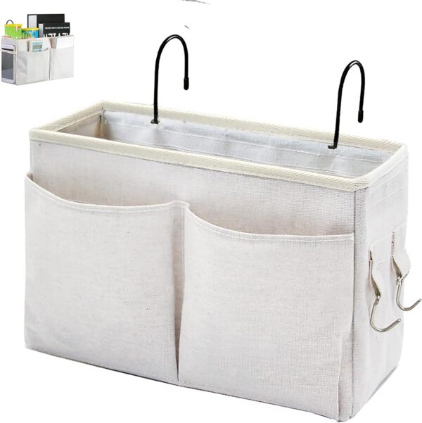 Bedside Caddy Organizer/Bedside Hanging Storage Bag Multi-Function Caddy for Bunk bed Hospital Beds Dorm Bed Rails, Holders Books Glasses Phones Magazine(White) 3
