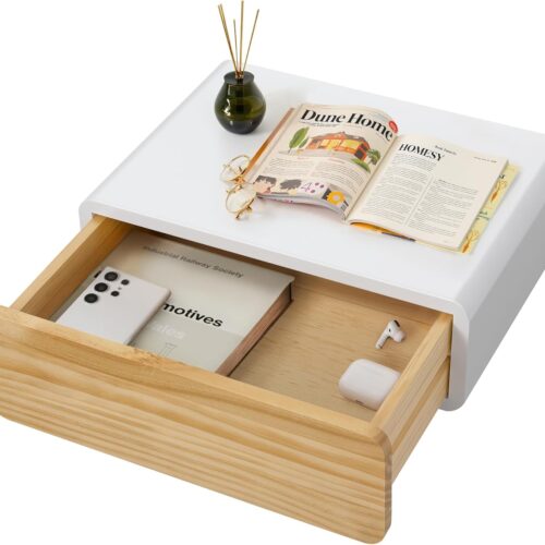 Floating Nightstand White with Drawers Modern Bedside Table Organiser Fully Assembled Shelf Small Spaces Wall Mounted Storage Wood Furniture for Bedroom Home Decor