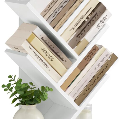 1 Tree Bookshelf, 5-Tier Bookcase, Small Bookshelf, Space-Saving Corner Shelf, Book Tree, Holds Books, CDs, Games, for Bedroom, Living Room, Home Office, Cloud White