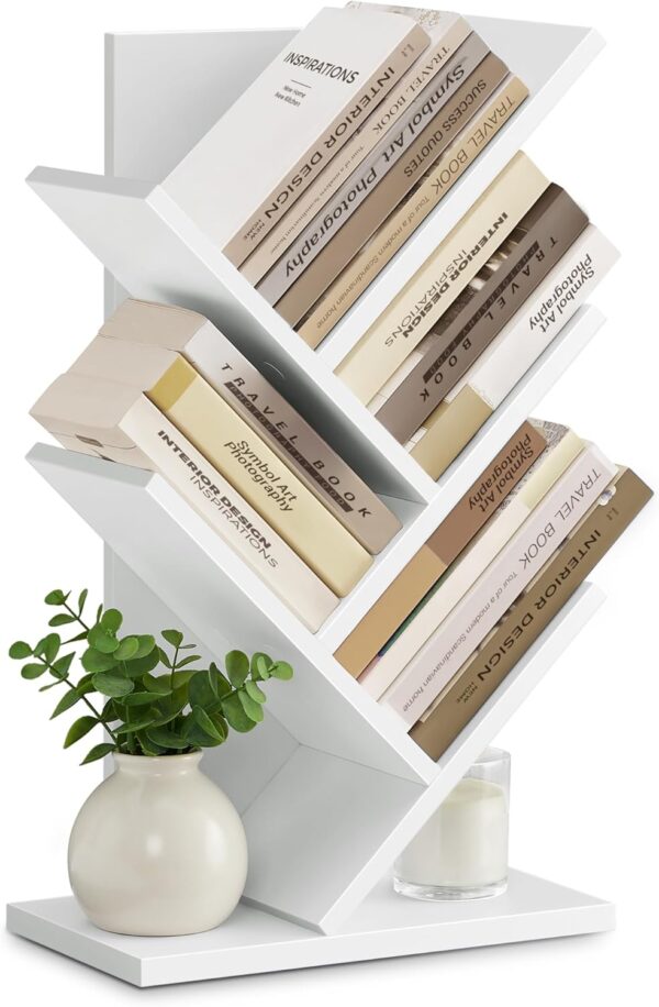 Tree Bookshelf, 5-Tier Bookcase, Small Bookshelf, Space-Saving Corner Shelf, Book Tree, Holds Books, CDs, Games, for Bedroom, Living Room, Home Office, Cloud White 1
