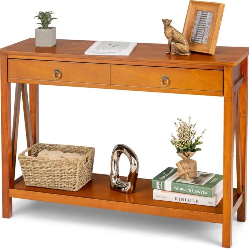 1 Console Table Entryway Sofa Side Table with Drawer & Open Shelf, Modern Narrow Couch Table, Thin Entry Table for Living Room, Bedroom, Hallway 42 Inch Distressed Sofa Table (Caramel)