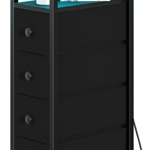 1 Narrow Dresser for Bedroom, LED Skinny Nightstand with Charging Station, Small Dressers Chest of Drawers, Narrow Side Table, Fabric Dresser Tall Skinny Cabinet Night Stand for Small Spaces