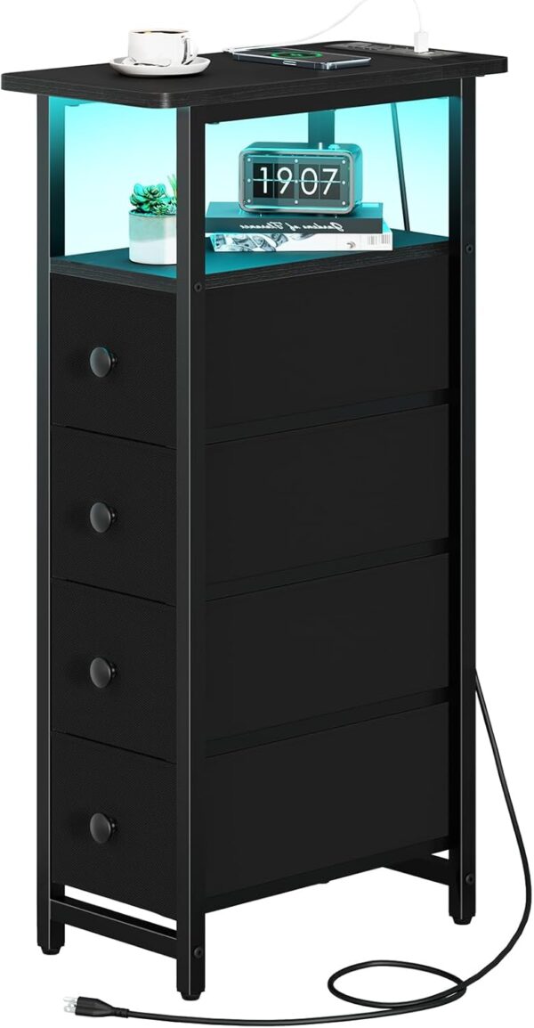 Narrow Dresser for Bedroom, LED Skinny Nightstand with Charging Station, Small Dressers Chest of Drawers, Narrow Side Table, Fabric Dresser Tall Skinny Cabinet Night Stand for Small Spaces 1