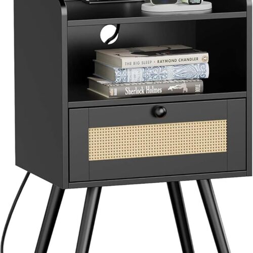 1 Nightstand with Charging Station & Rattan-Like Decor Drawer, Rattan End Table with Solid Wood Feet, Bed Side Table with Open Storage, for Bedroom, Living Room, Dormitory - Black