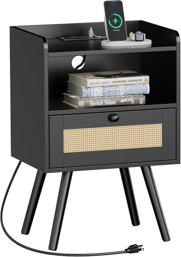 Nightstand with Charging Station & Rattan-Like Decor Drawer, Rattan End Table with Solid Wood Feet, Bed Side Table with Open Storage, for Bedroom, Living Room, Dormitory - Black 1