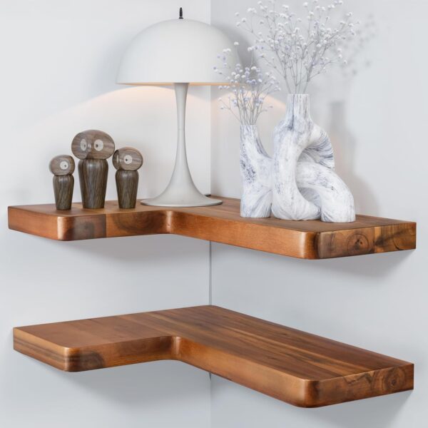 Acacia Wood Corner Floating Shelves 17" x 12"– Corner Shelf Wall Mounted - Floating Corner Shelves for Wall - Brackets and Shelving Hardware Included for Kitchen, Living Room, Bathroom (Set 2) 3