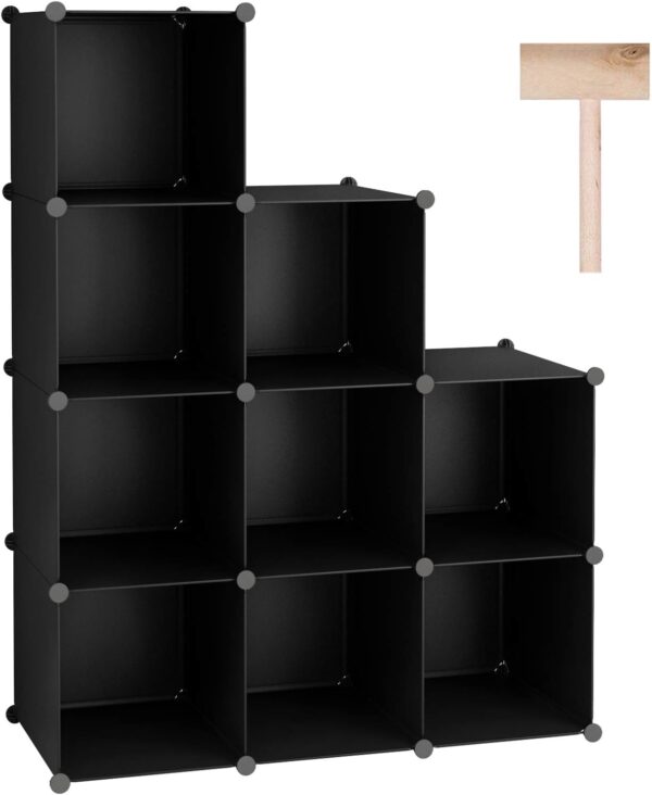 Cube Storage, 9-Cube BookShelf, Plastic Closet Cabinet Organizer, DIY Stackable Bookcase, Modular shelving Units Ideal for Home, Office, Kids Room, 36.6"L x 12.4" W x 48.4" H Black SHS3009A 3