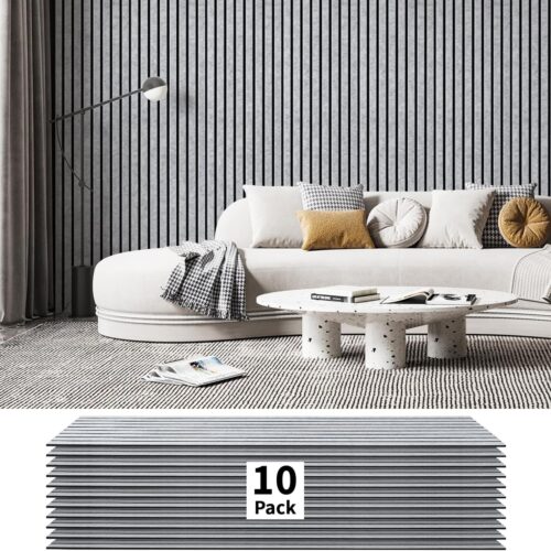 1 10 Pack Acoustic Panels, 48" X 12" X 0.43" Soundproof Wall Panels, Self Adhesive High Density Sound Absorbing Acoustic Treatment for Recording Studio, Office, Grey and Black
