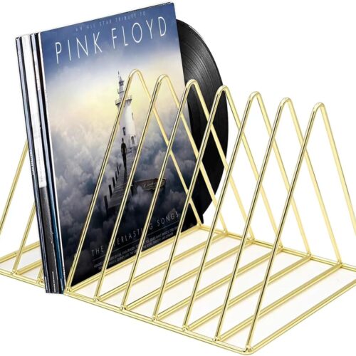 9 Slot Record Holder,Desktop Vinyl Record Storage Holds Up 30 LPs,Metal Magazine Holder Triangle File Holder for Office Homer,Golden